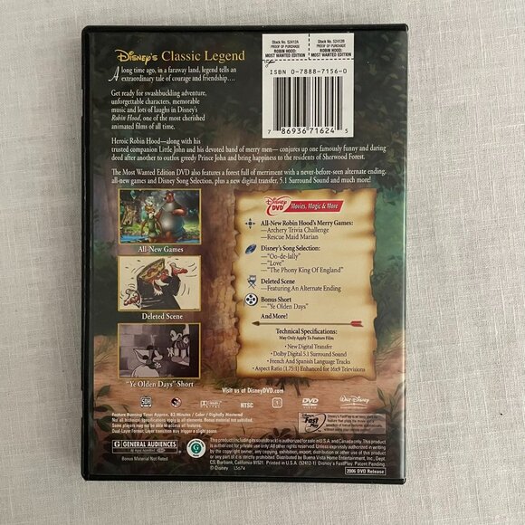 Disneys Robin Hood Most Wanted Edition DVD Animated Rated G w/Sleeve Cover - Picture 2 of 4